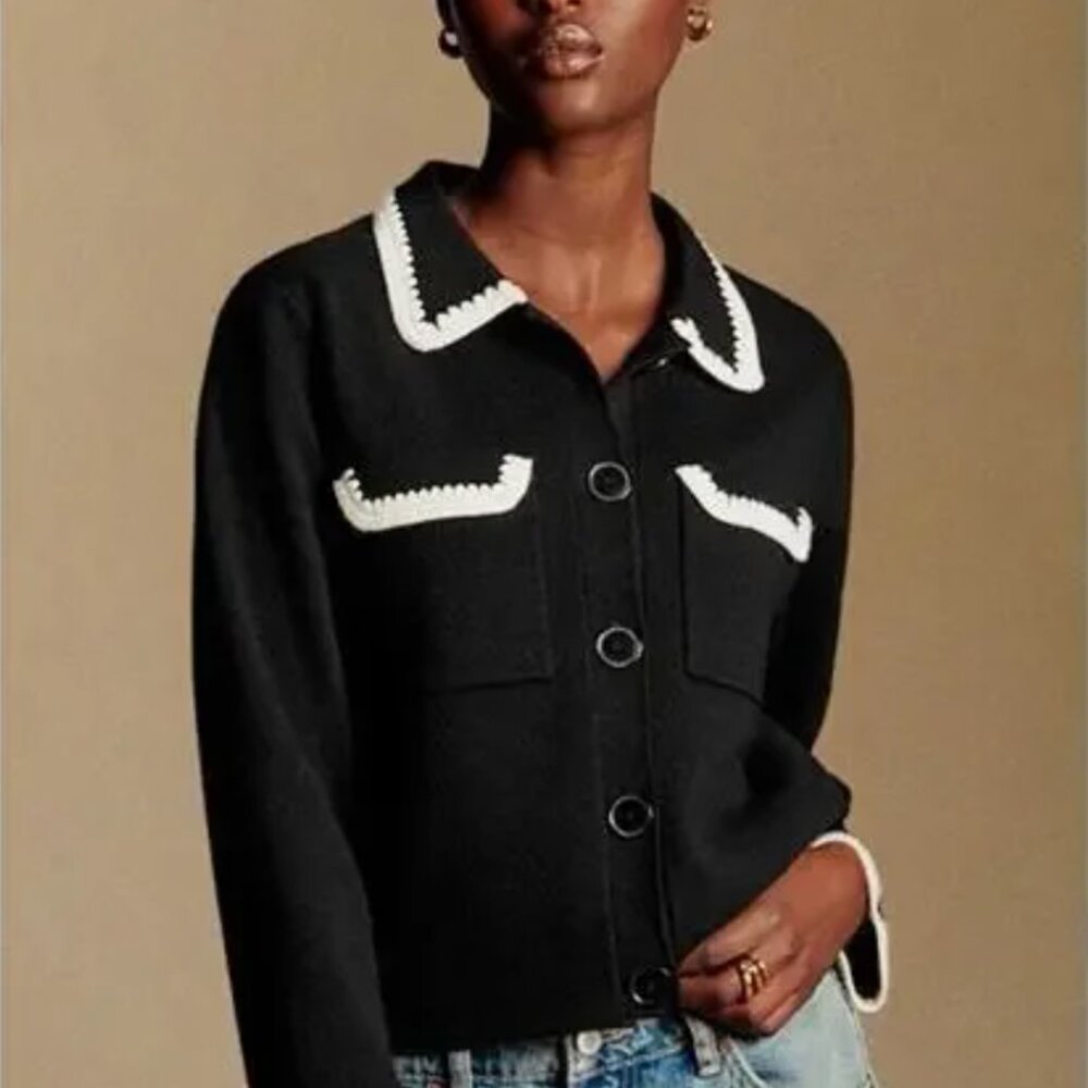 NWT Sezane Betty Cardigan Sweater, Black/Ecru Crochet